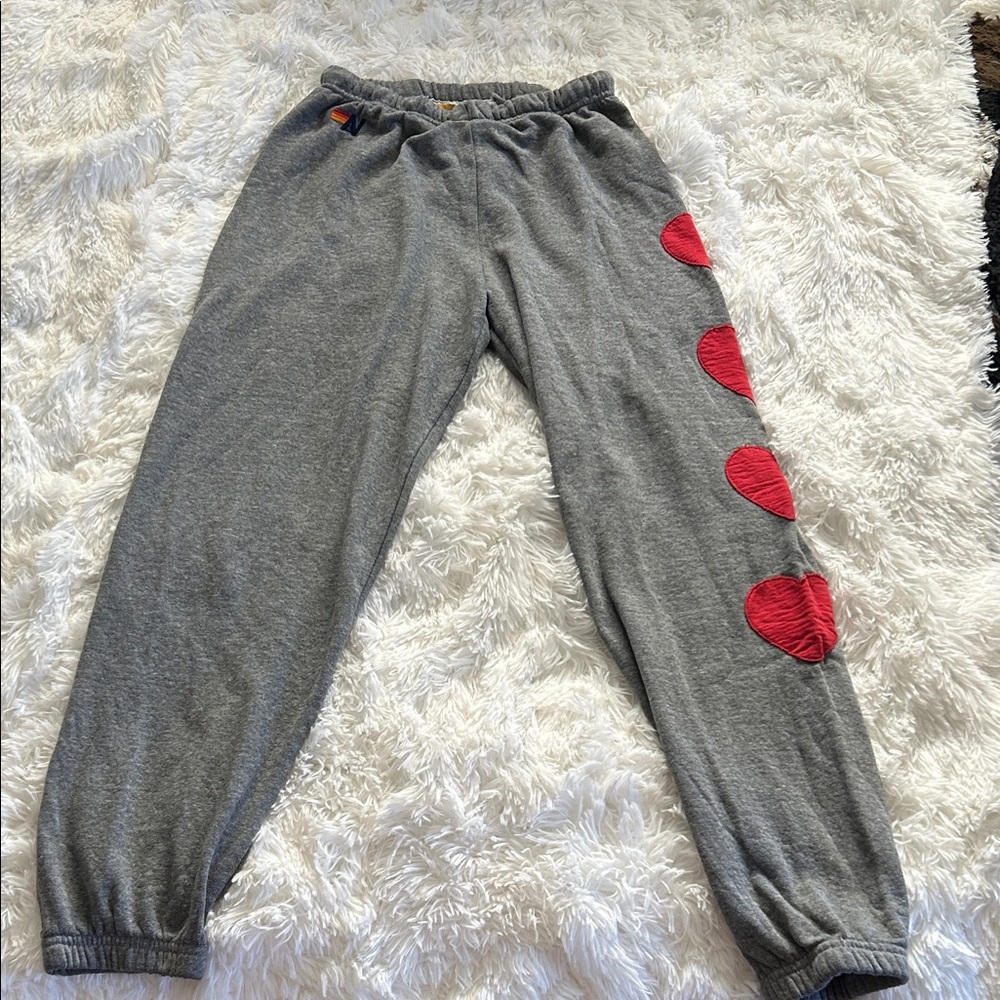 Aviator Nation Gray Joggers with Red Heart Details